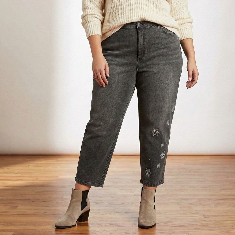 The Quacker Factory Womens Jeans Gray Snowflake Embellished Straight Leg Size 24